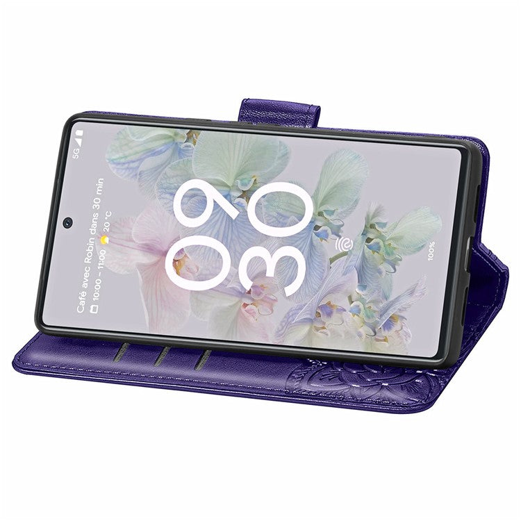 For Google Pixel 6a Butterfly Flower Imprinted PU Leather Wallet Flip Case with Stand and Strap - Purple