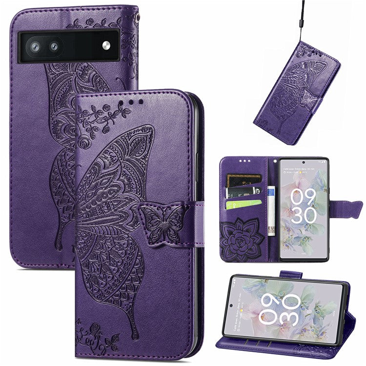 For Google Pixel 6a Butterfly Flower Imprinted PU Leather Wallet Flip Case with Stand and Strap - Purple