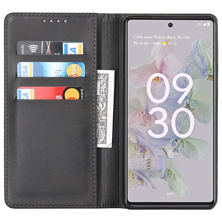 PU Leather + TPU Phone Case for Google Pixel 6a, Stand Wallet Shockproof Anti-fall Auto Closure Magnetic Cover - Black