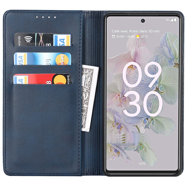 PU Leather + TPU Phone Case for Google Pixel 6a, Stand Wallet Shockproof Anti-fall Auto Closure Magnetic Cover - Dark Blue