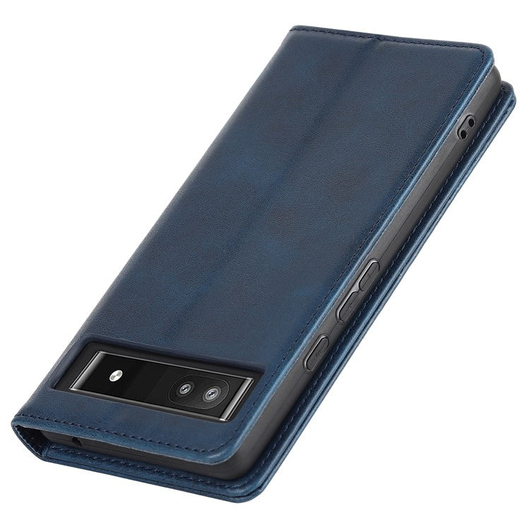 PU Leather + TPU Phone Case for Google Pixel 6a, Stand Wallet Shockproof Anti-fall Auto Closure Magnetic Cover - Dark Blue