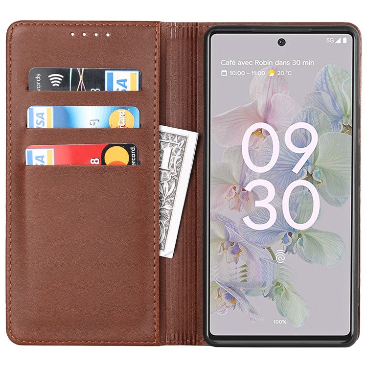 PU Leather + TPU Phone Case for Google Pixel 6a, Stand Wallet Shockproof Anti-fall Auto Closure Magnetic Cover - Dark Brown