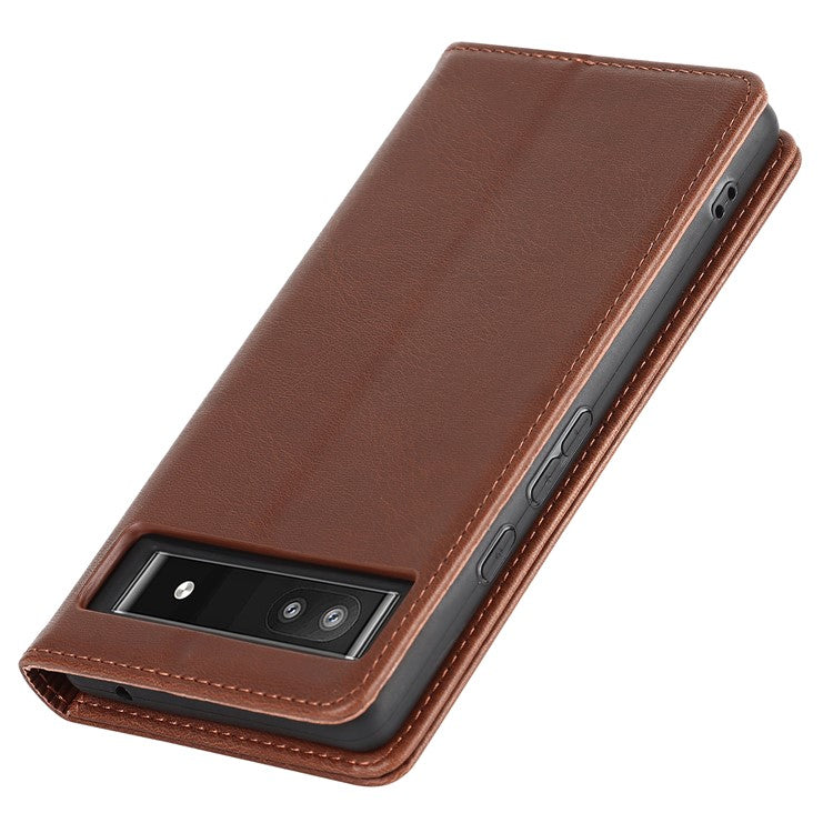 PU Leather + TPU Phone Case for Google Pixel 6a, Stand Wallet Shockproof Anti-fall Auto Closure Magnetic Cover - Dark Brown