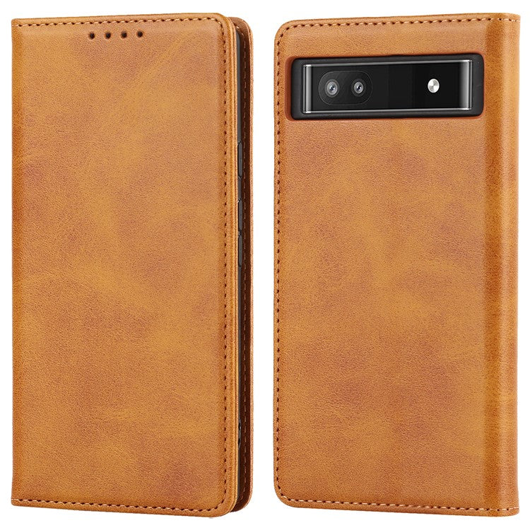 PU Leather + TPU Phone Case for Google Pixel 6a, Stand Wallet Shockproof Anti-fall Auto Closure Magnetic Cover - Light Brown