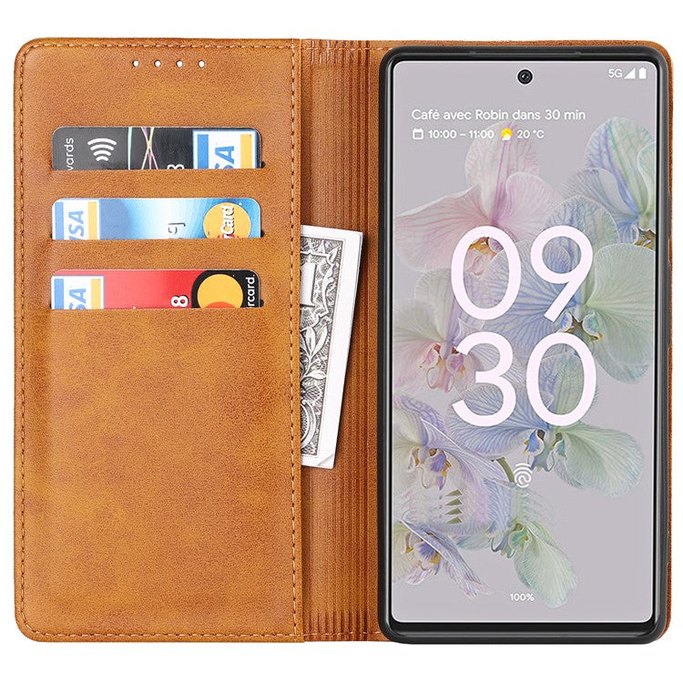 PU Leather + TPU Phone Case for Google Pixel 6a, Stand Wallet Shockproof Anti-fall Auto Closure Magnetic Cover - Light Brown