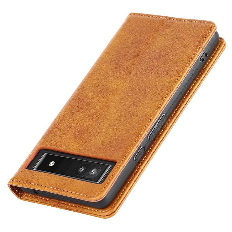 PU Leather + TPU Phone Case for Google Pixel 6a, Stand Wallet Shockproof Anti-fall Auto Closure Magnetic Cover - Light Brown