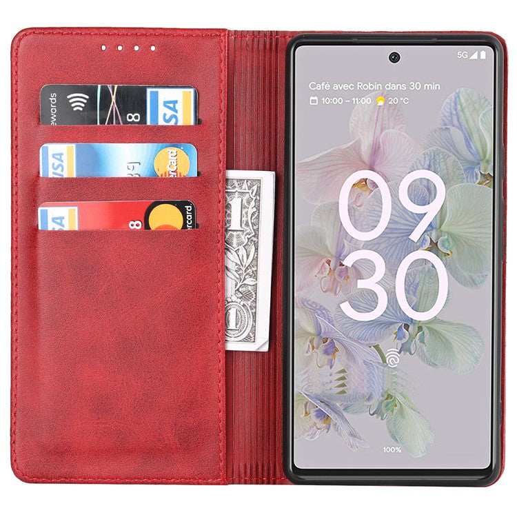 PU Leather + TPU Phone Case for Google Pixel 6a, Stand Wallet Shockproof Anti-fall Auto Closure Magnetic Cover - Red