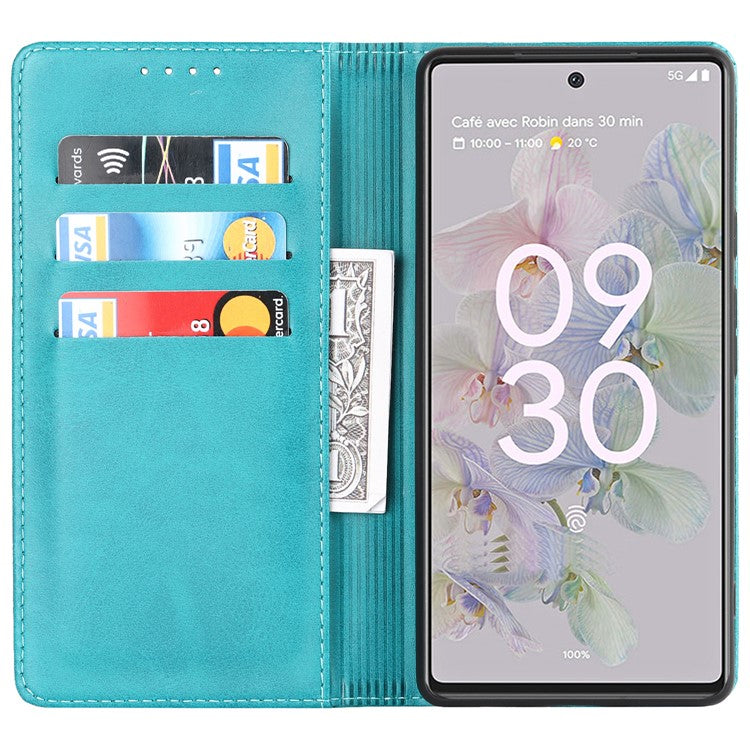 PU Leather + TPU Phone Case for Google Pixel 6a, Stand Wallet Shockproof Anti-fall Auto Closure Magnetic Cover - Sky Blue