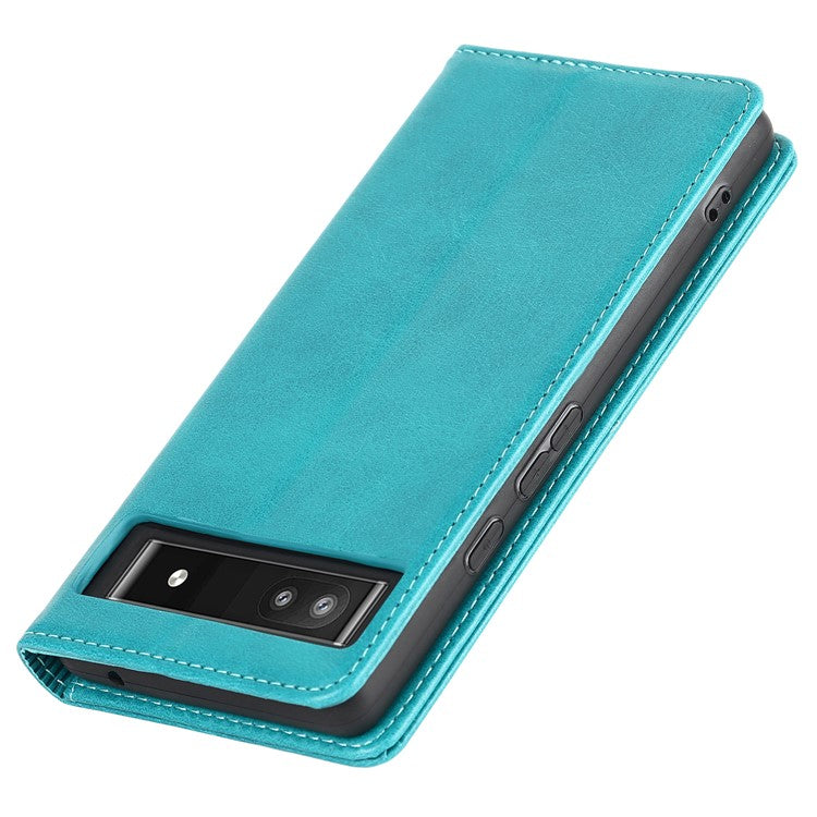 PU Leather + TPU Phone Case for Google Pixel 6a, Stand Wallet Shockproof Anti-fall Auto Closure Magnetic Cover - Sky Blue