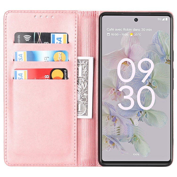 PU Leather + TPU Phone Case for Google Pixel 6a, Stand Wallet Shockproof Anti-fall Auto Closure Magnetic Cover - Rose Gold