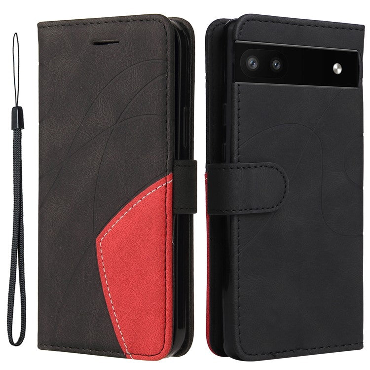 For Google Pixel 6a 5G KT Leather Series-1 Dual-color Splicing Phone Leather Case Stand Wallet Cover with Wrist Strap - Black