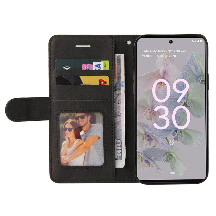 For Google Pixel 6a 5G KT Leather Series-1 Dual-color Splicing Phone Leather Case Stand Wallet Cover with Wrist Strap - Black