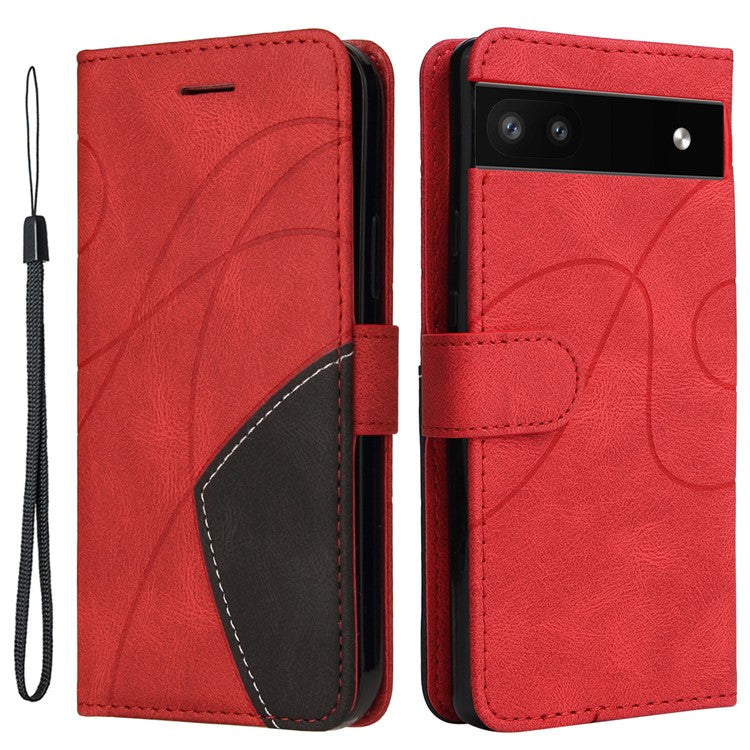 For Google Pixel 6a 5G KT Leather Series-1 Dual-color Splicing Phone Leather Case Stand Wallet Cover with Wrist Strap - Red