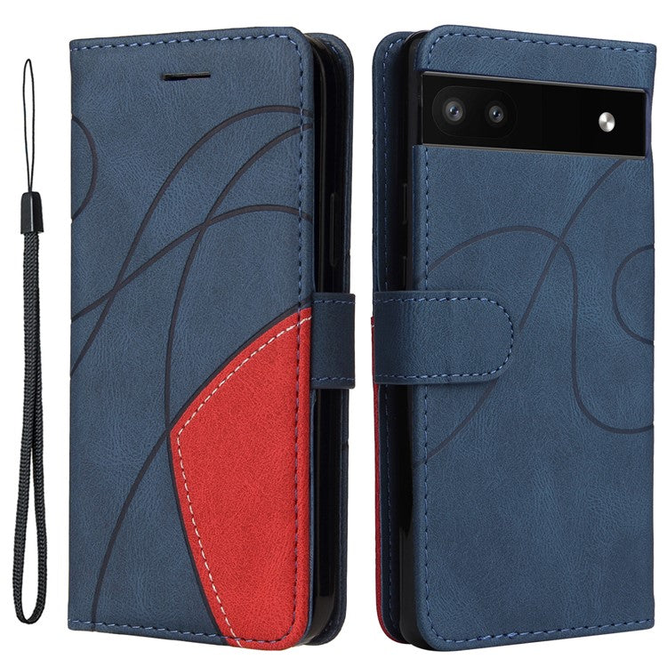 For Google Pixel 6a 5G KT Leather Series-1 Dual-color Splicing Phone Leather Case Stand Wallet Cover with Wrist Strap - Blue