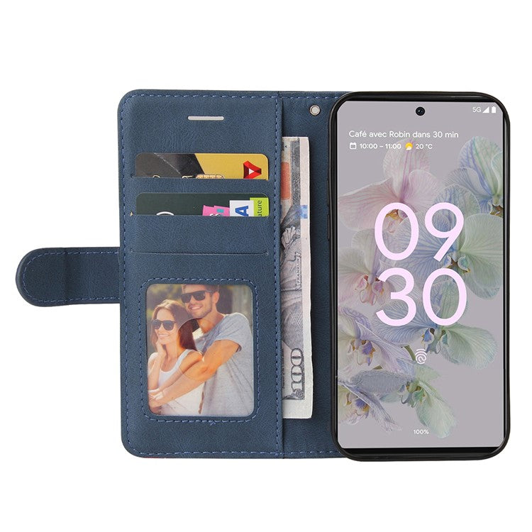 For Google Pixel 6a 5G KT Leather Series-1 Dual-color Splicing Phone Leather Case Stand Wallet Cover with Wrist Strap - Blue