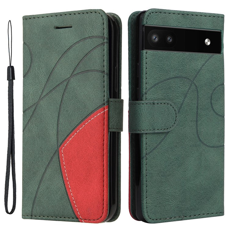 For Google Pixel 6a 5G KT Leather Series-1 Dual-color Splicing Phone Leather Case Stand Wallet Cover with Wrist Strap - Green