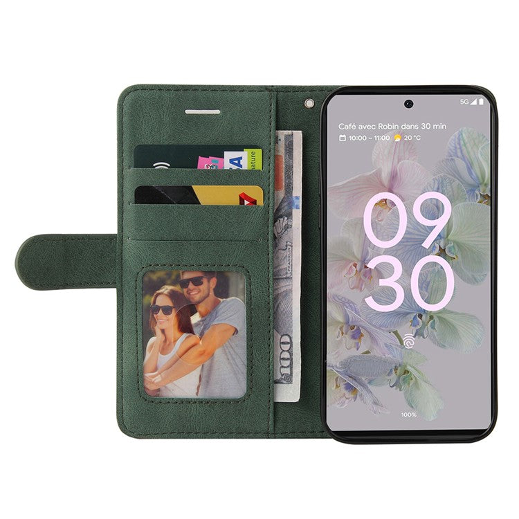 For Google Pixel 6a 5G KT Leather Series-1 Dual-color Splicing Phone Leather Case Stand Wallet Cover with Wrist Strap - Green