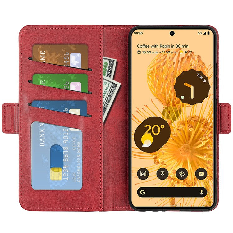 For Google Pixel 7 Pro 5G Magnetic Anti-fall Textured PU Leather Phone Case Adjustable Stand Wallet Cell Phone Cover - Red