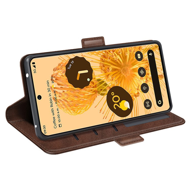 For Google Pixel 7 Pro 5G Magnetic Anti-fall Textured PU Leather Phone Case Adjustable Stand Wallet Cell Phone Cover - Brown