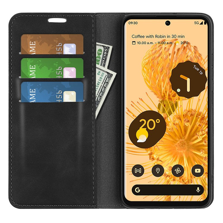 Skin-touch Feeling Leather Cover for Google Pixel 7 Pro 5G Stand Drop-proof Magnetic Auto Closing Wallet Phone Case - Black