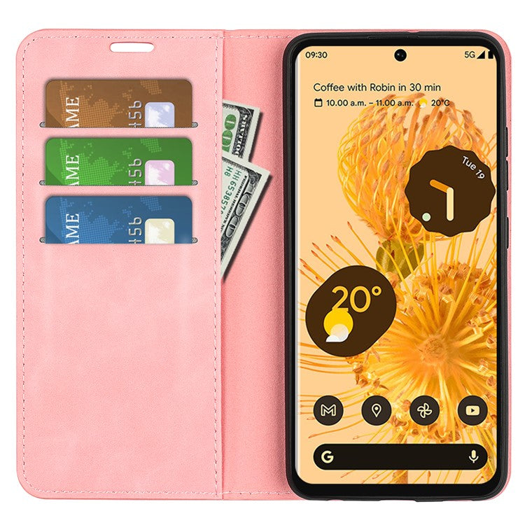 Skin-touch Feeling Leather Cover for Google Pixel 7 Pro 5G Stand Drop-proof Magnetic Auto Closing Wallet Phone Case - Pink