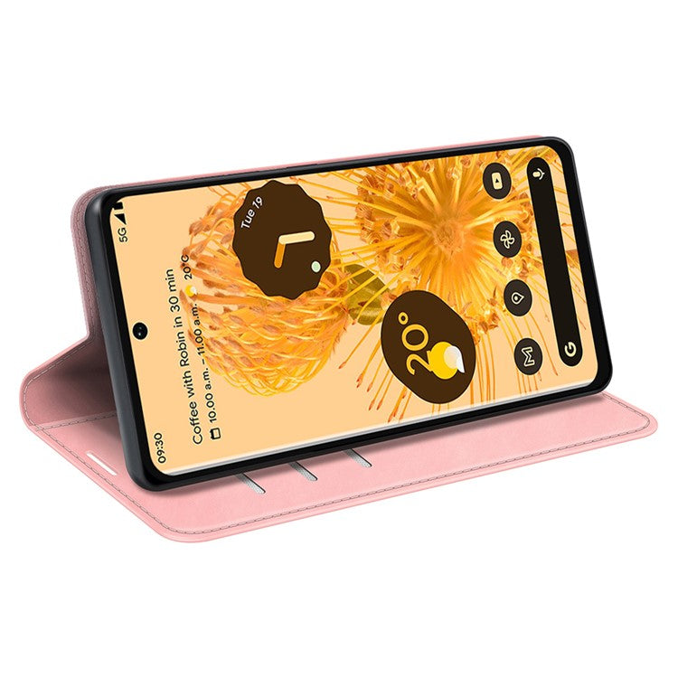 Skin-touch Feeling Leather Cover for Google Pixel 7 Pro 5G Stand Drop-proof Magnetic Auto Closing Wallet Phone Case - Pink