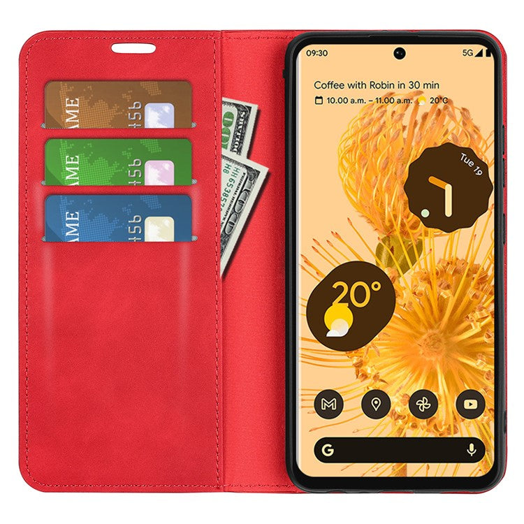 Skin-touch Feeling Leather Cover for Google Pixel 7 Pro 5G Stand Drop-proof Magnetic Auto Closing Wallet Phone Case - Red