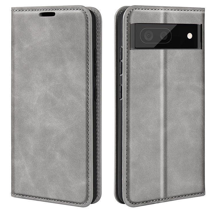 Skin-touch Feeling Leather Cover for Google Pixel 7 Pro 5G Stand Drop-proof Magnetic Auto Closing Wallet Phone Case - Grey