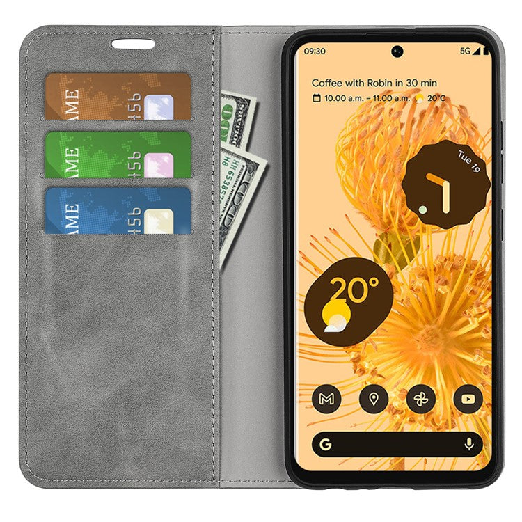 Skin-touch Feeling Leather Cover for Google Pixel 7 Pro 5G Stand Drop-proof Magnetic Auto Closing Wallet Phone Case - Grey