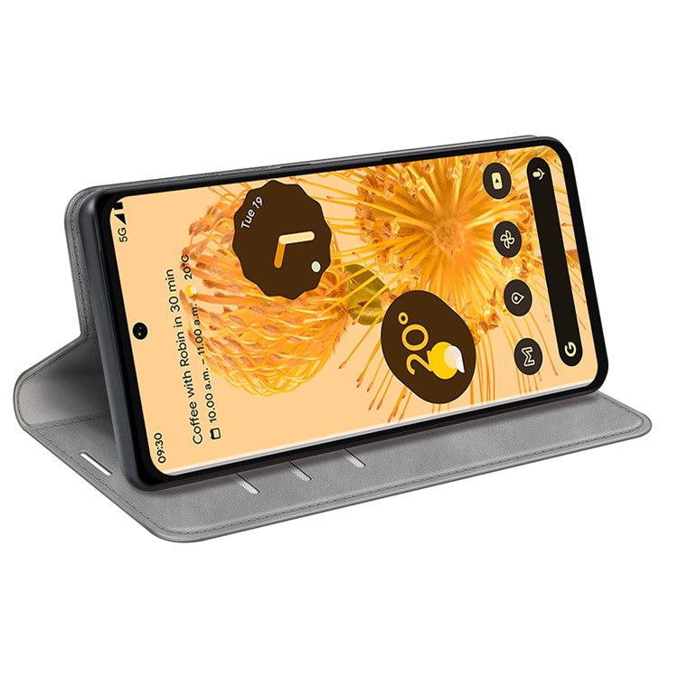 Skin-touch Feeling Leather Cover for Google Pixel 7 Pro 5G Stand Drop-proof Magnetic Auto Closing Wallet Phone Case - Grey