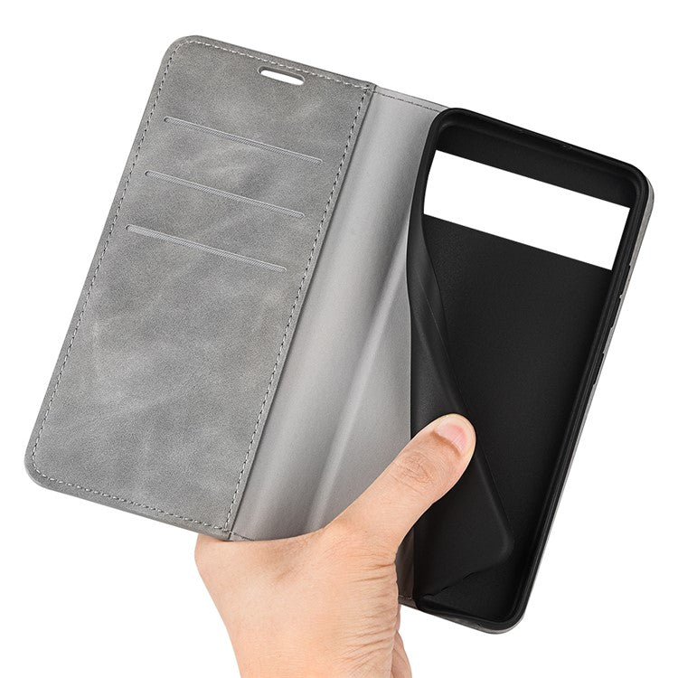 Skin-touch Feeling Leather Cover for Google Pixel 7 Pro 5G Stand Drop-proof Magnetic Auto Closing Wallet Phone Case - Grey