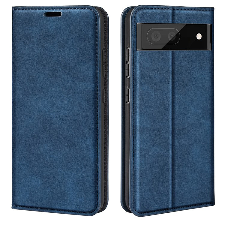 Skin-touch Feeling Leather Cover for Google Pixel 7 Pro 5G Stand Drop-proof Magnetic Auto Closing Wallet Phone Case - Blue