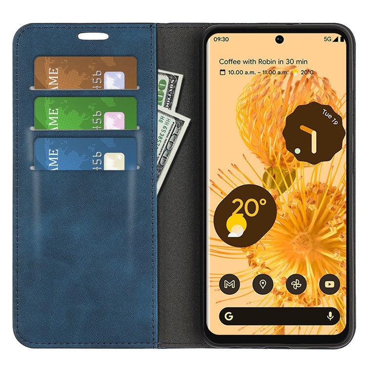 Skin-touch Feeling Leather Cover for Google Pixel 7 Pro 5G Stand Drop-proof Magnetic Auto Closing Wallet Phone Case - Blue