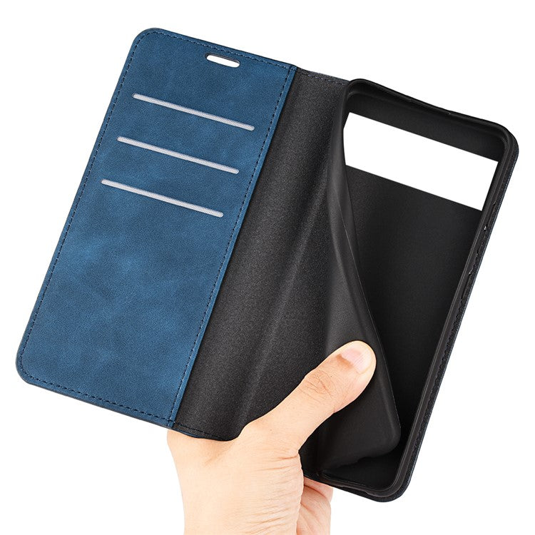 Skin-touch Feeling Leather Cover for Google Pixel 7 Pro 5G Stand Drop-proof Magnetic Auto Closing Wallet Phone Case - Blue