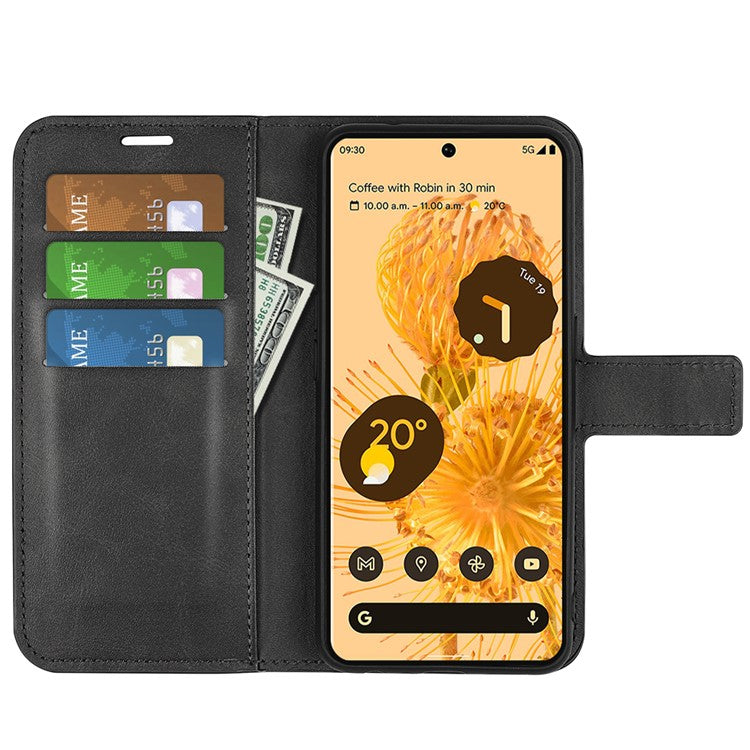 For Google Pixel 7 Pro 5G Drop-proof Textured PU Leather Wallet Phone Case Full Protection Stand Cover - Black