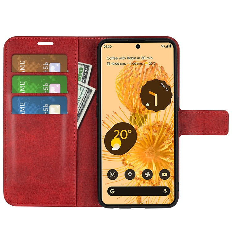 For Google Pixel 7 Pro 5G Drop-proof Textured PU Leather Wallet Phone Case Full Protection Stand Cover - Red