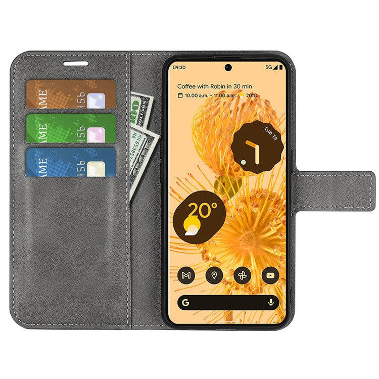 For Google Pixel 7 Pro 5G Drop-proof Textured PU Leather Wallet Phone Case Full Protection Stand Cover - Grey