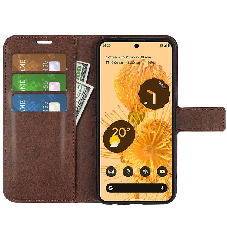 For Google Pixel 7 Pro 5G Drop-proof Textured PU Leather Wallet Phone Case Full Protection Stand Cover - Brown