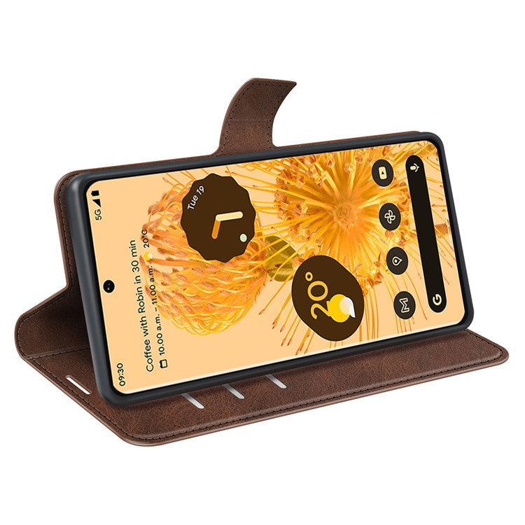 For Google Pixel 7 Pro 5G Drop-proof Textured PU Leather Wallet Phone Case Full Protection Stand Cover - Brown