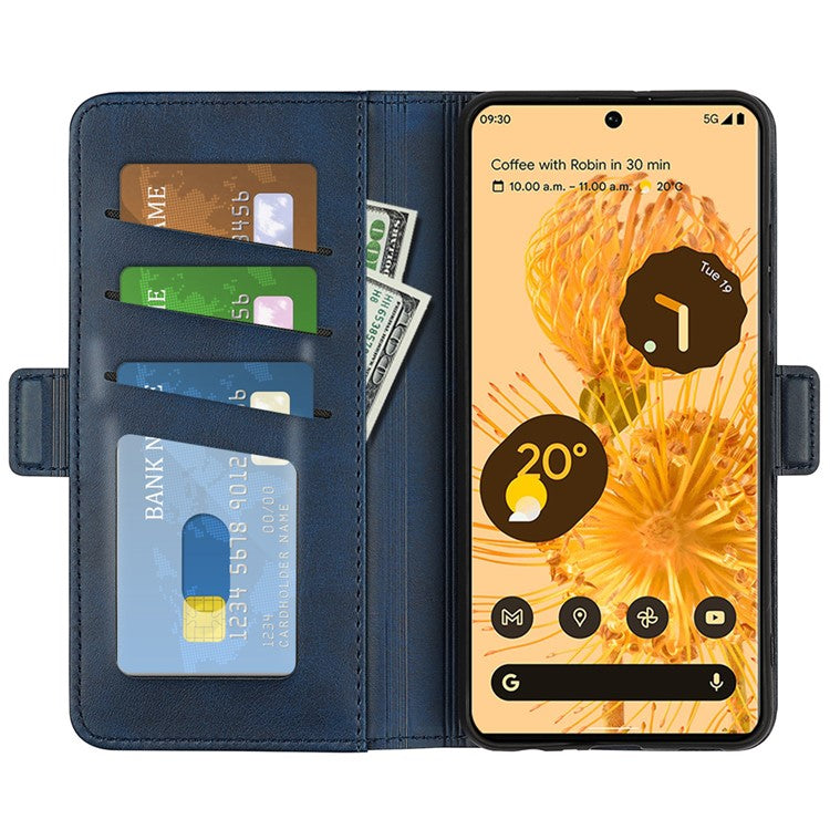 For Google Pixel 7 5G Anti-scratch Textured PU Leather Phone Case Stand Wallet Magnetic Cell Phone Cover - Blue