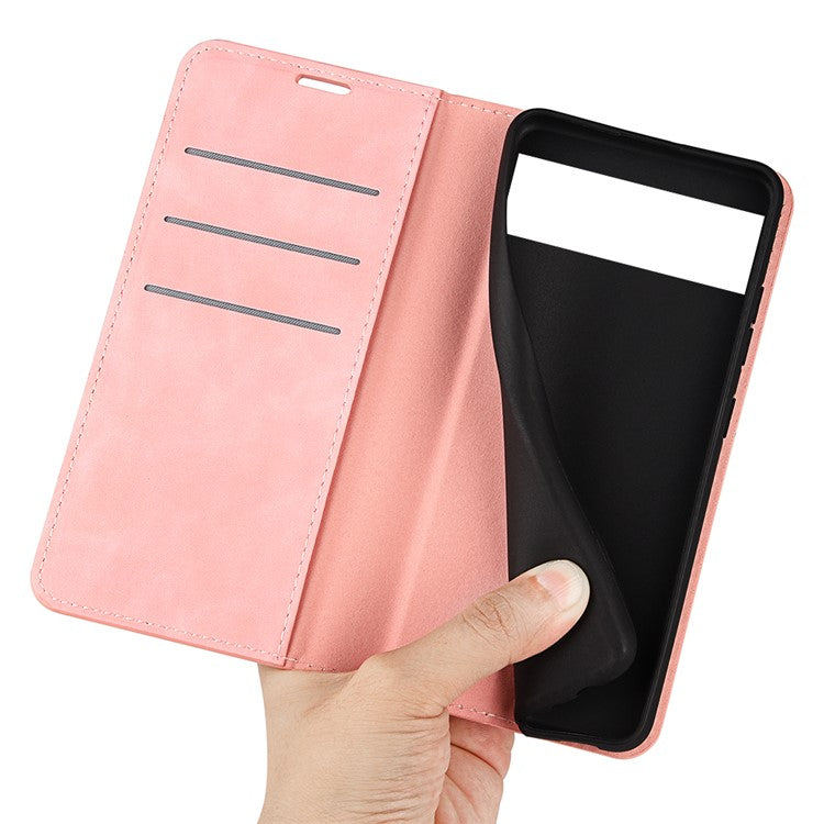 Stand Skin-touch Feeling Leather Cover for Google Pixel 7 5G, Scratch-resistant Magnetic Auto Closing Wallet Cell Phone Case - Pink