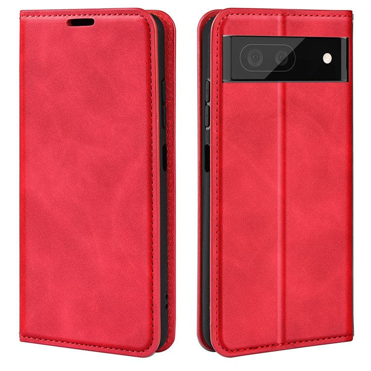 Stand Skin-touch Feeling Leather Cover for Google Pixel 7 5G, Scratch-resistant Magnetic Auto Closing Wallet Cell Phone Case - Red