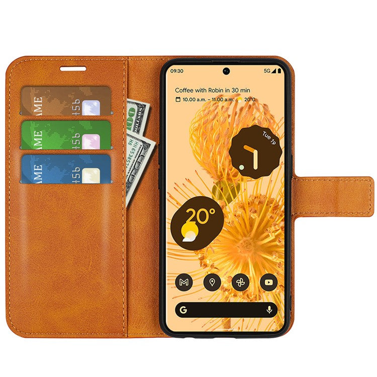 For Google Pixel 7 5G Anti-scratch Textured PU Leather Phone Case Well-protected Stand Wallet Cover - Yellow