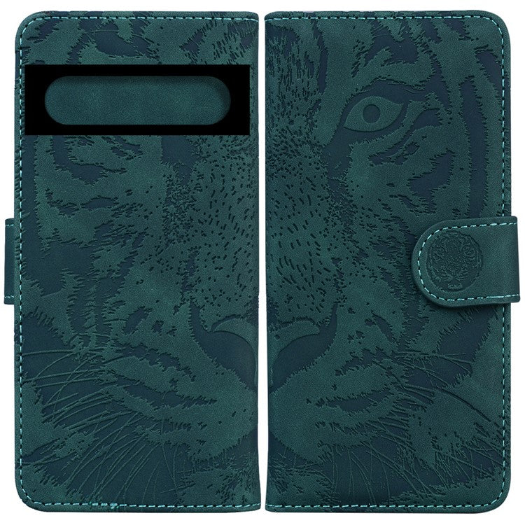 For Google Pixel 7 Pro 5G PU Leather Tiger Pattern Imprinted Wallet Phone Case with Foldable Stand - Green