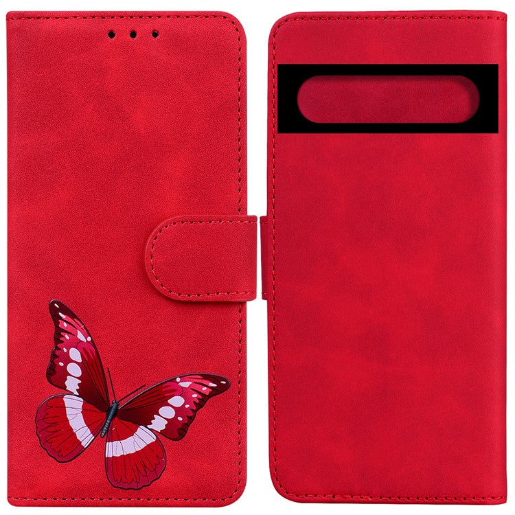 For Google Pixel 7 5G Cute Butterfly Pattern Printing PU Leather Case Wallet Sand Magnetic Closure Shockproof Flip Folio Cover - Red