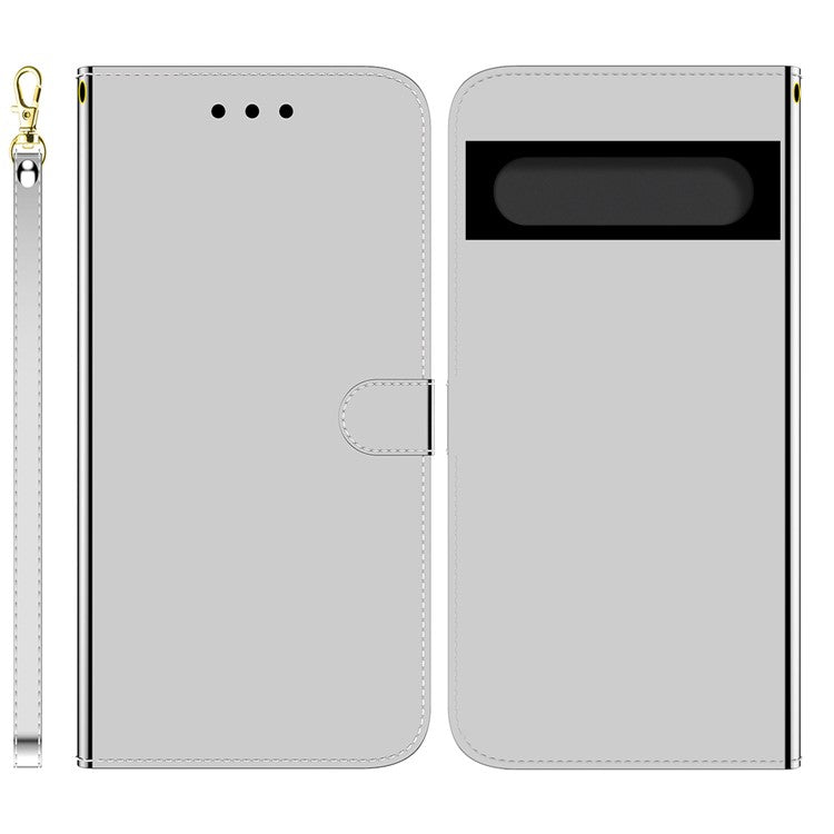 For Google Pixel 7 5G Mirror-like Case Stand Feature Soft PU Leather Wallet Flip Cover with Wrist Strap - Silver