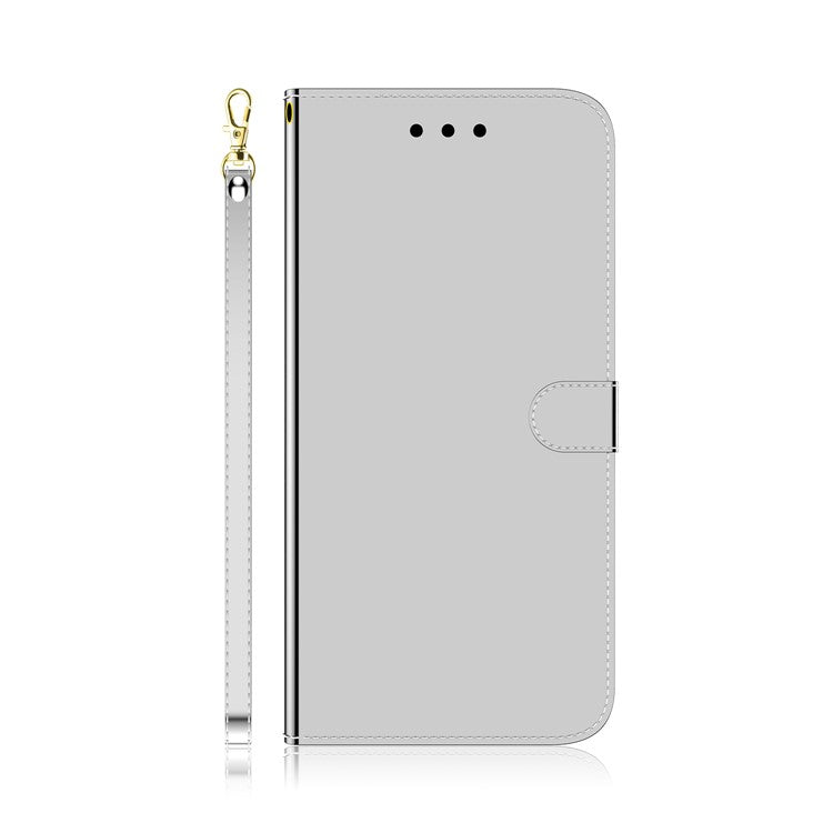 For Google Pixel 7 5G Mirror-like Case Stand Feature Soft PU Leather Wallet Flip Cover with Wrist Strap - Silver