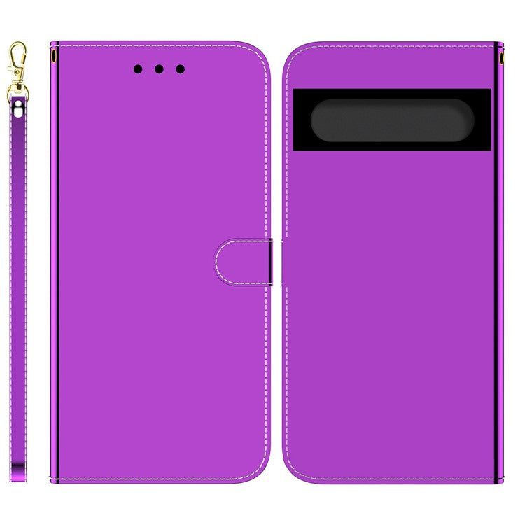 For Google Pixel 7 5G Mirror-like Case Stand Feature Soft PU Leather Wallet Flip Cover with Wrist Strap - Purple