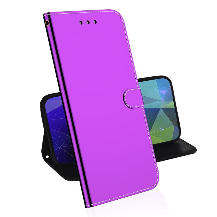 For Google Pixel 7 5G Mirror-like Case Stand Feature Soft PU Leather Wallet Flip Cover with Wrist Strap - Purple