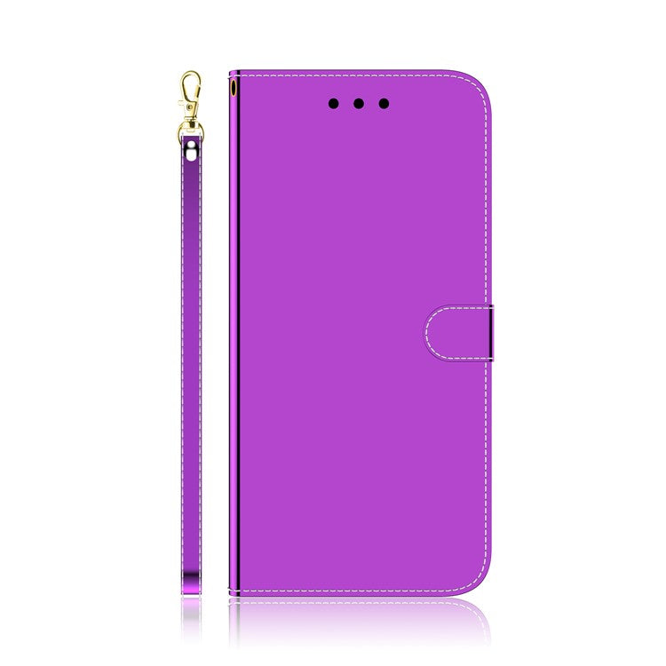 For Google Pixel 7 5G Mirror-like Case Stand Feature Soft PU Leather Wallet Flip Cover with Wrist Strap - Purple